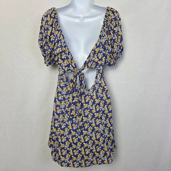 Forever 21 Blue Floral Puff Sleeve Cutout Dress L - Picture 6 of 11